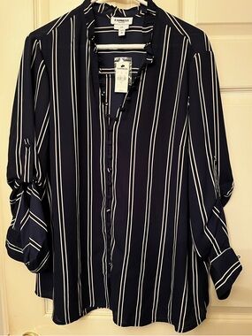 Express Navy and White Vertical Stripe Button-Down Shirt